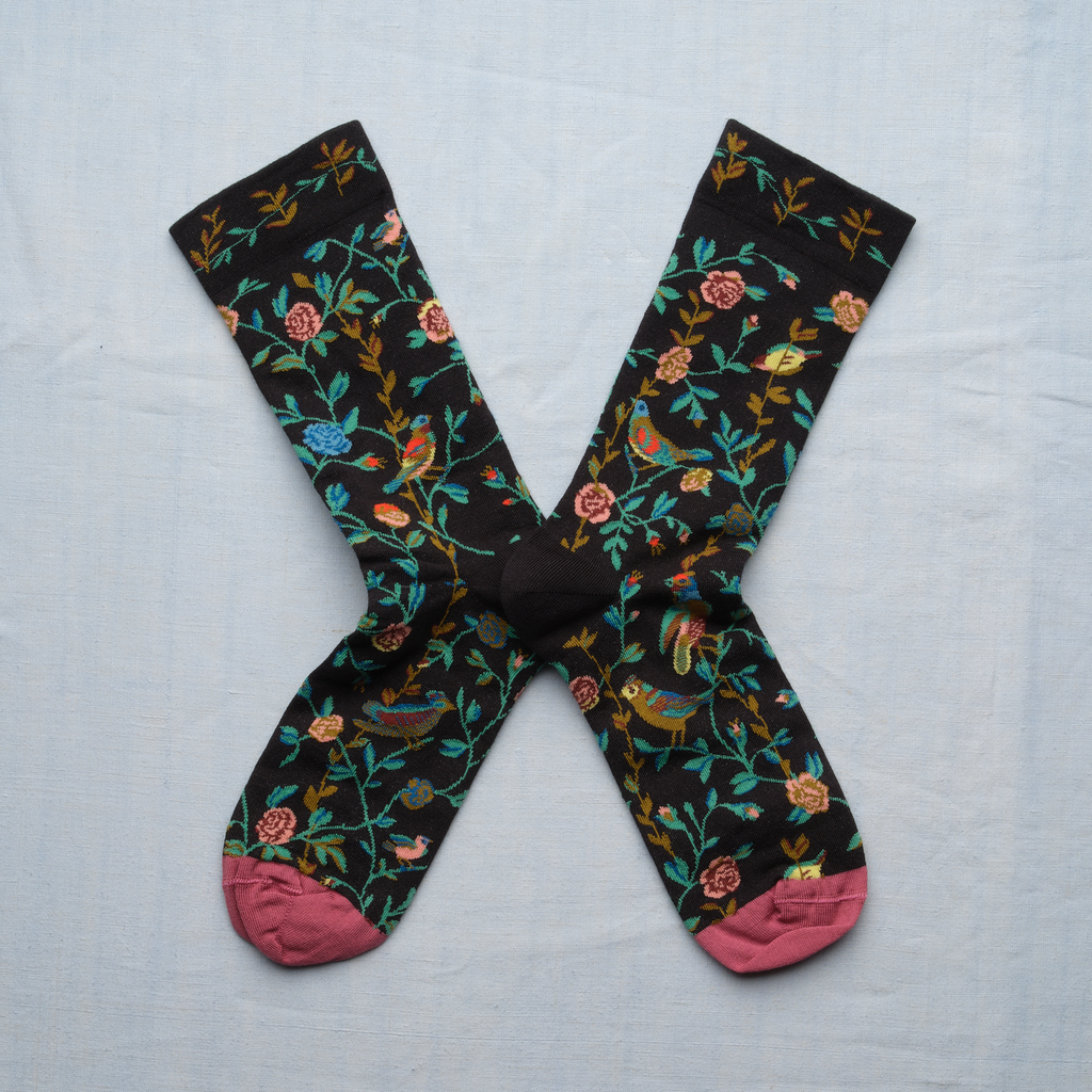 [TJ301 36/38] Chaussette Fleurs et Oiseaux Faux Noir