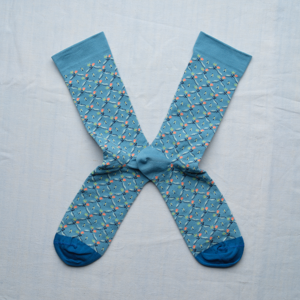[TJ203 39/41] Chaussette Trellis Fleuri Bleu Lavé
